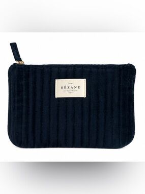 NWOT Sézane Navy Velvet Quilted Zip Pouch Makeup Bag